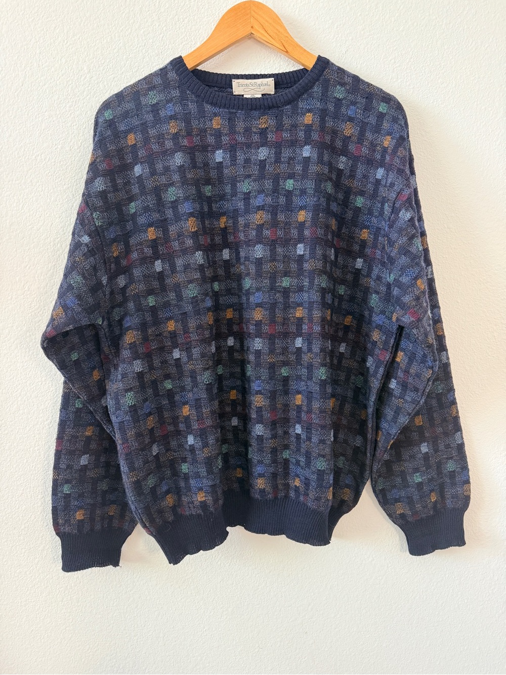 Vintage Tricots St. Raphael Pure New Wool Geometric Crewneck Sweater Mens Large